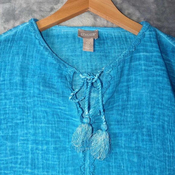 Chicos Women's S Aqua Blue Split Sleeve Versatile Vibrant Vintage Fairycore Top - Picture 8 of 11